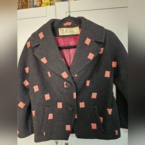 Vtg Lilli Ann Jacket Coat Sz S Gray Wool Blend Coral Pink Squares Mod 60s **Read